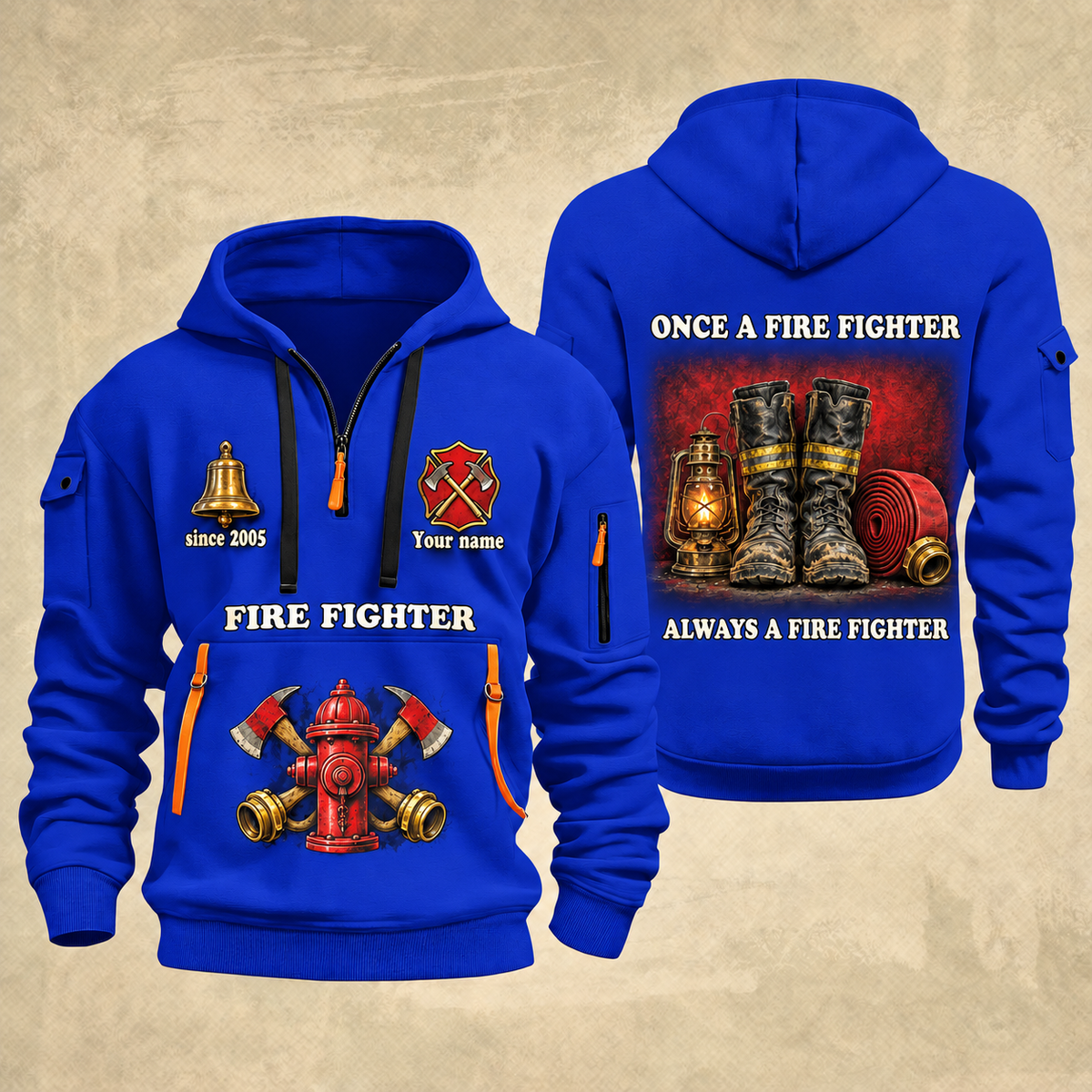 Fire Fighter Lifelong Fire Service Bell and Lantern quarter-zip hoodie in Blue, front and back, Your name and since 2005 artwork
