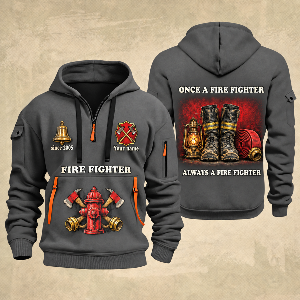 Fire Fighter Lifelong Fire Service Bell and Lantern quarter-zip hoodie in Gray, front and back, Your name and since 2005 artwork