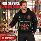 Fire Fighter wearing Lifelong Fire Service Bell and Lantern quarter-zip hoodie in their workplace; product introduction and shopping call to action