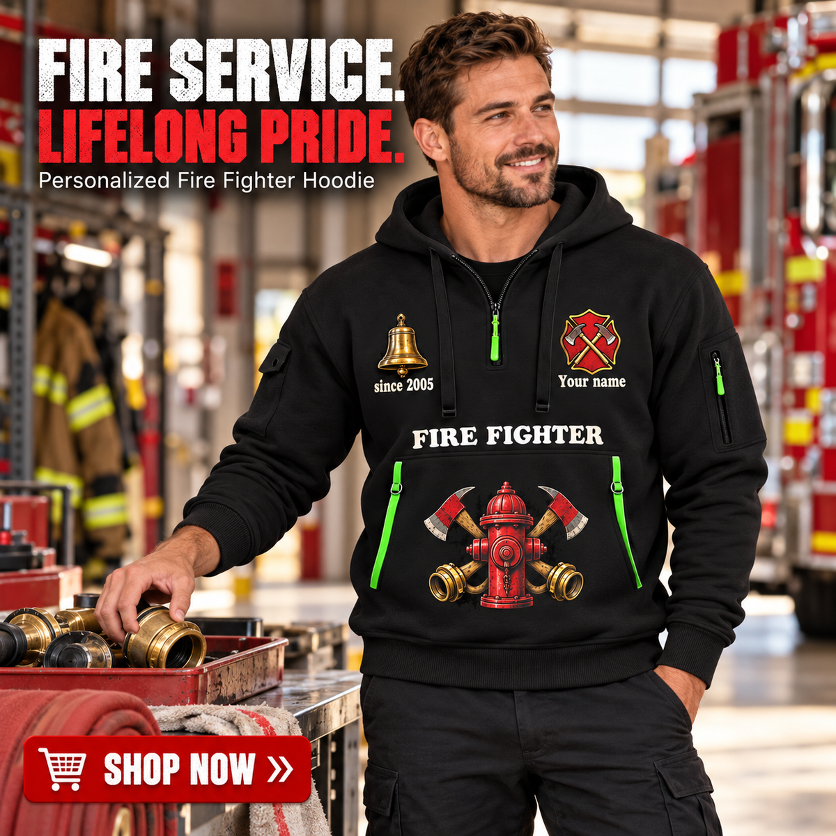 Fire Fighter wearing Lifelong Fire Service Bell and Lantern quarter-zip hoodie in their workplace; product introduction and shopping call to action