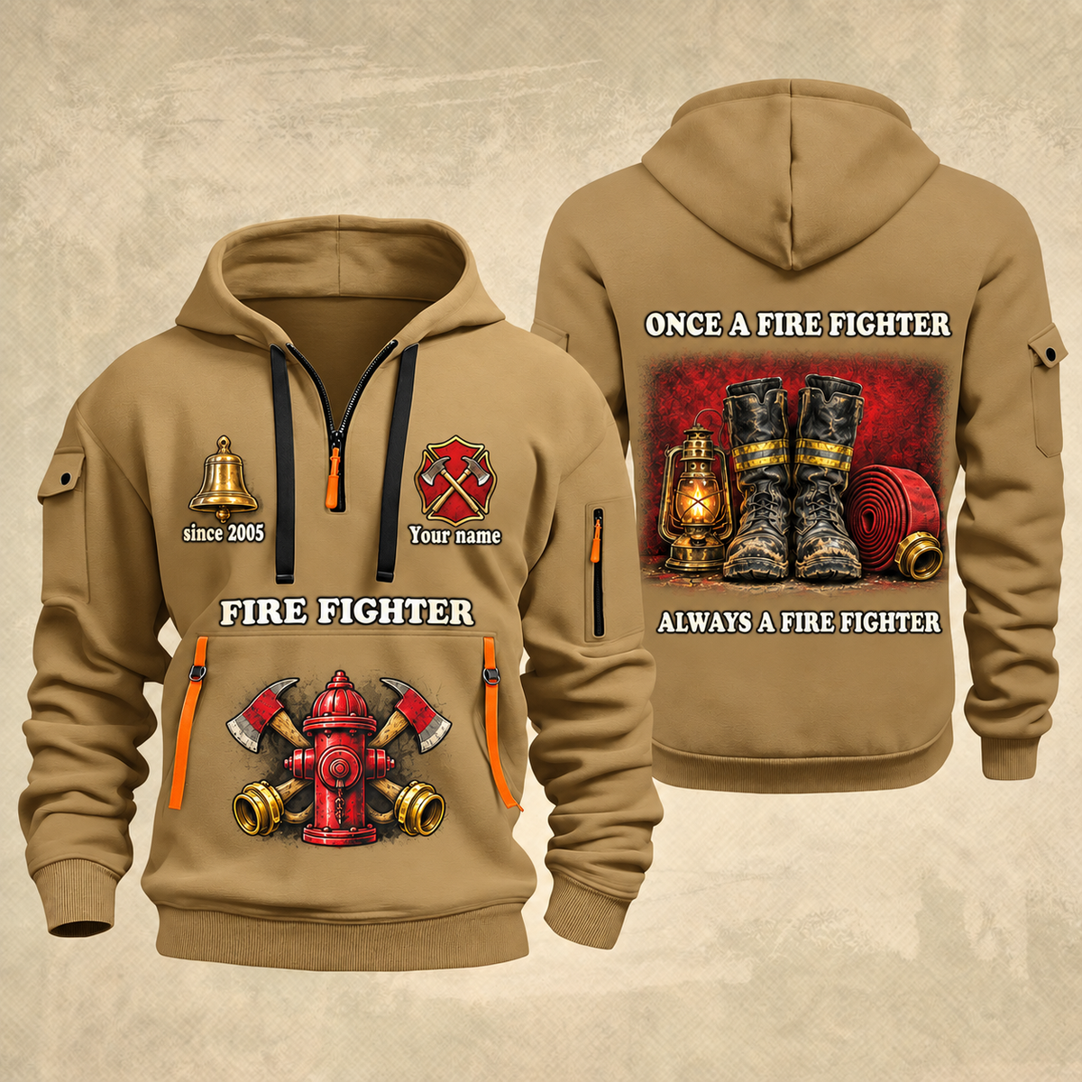 Fire Fighter Lifelong Fire Service Bell and Lantern quarter-zip hoodie in Khaki, front and back, Your name and since 2005 artwork
