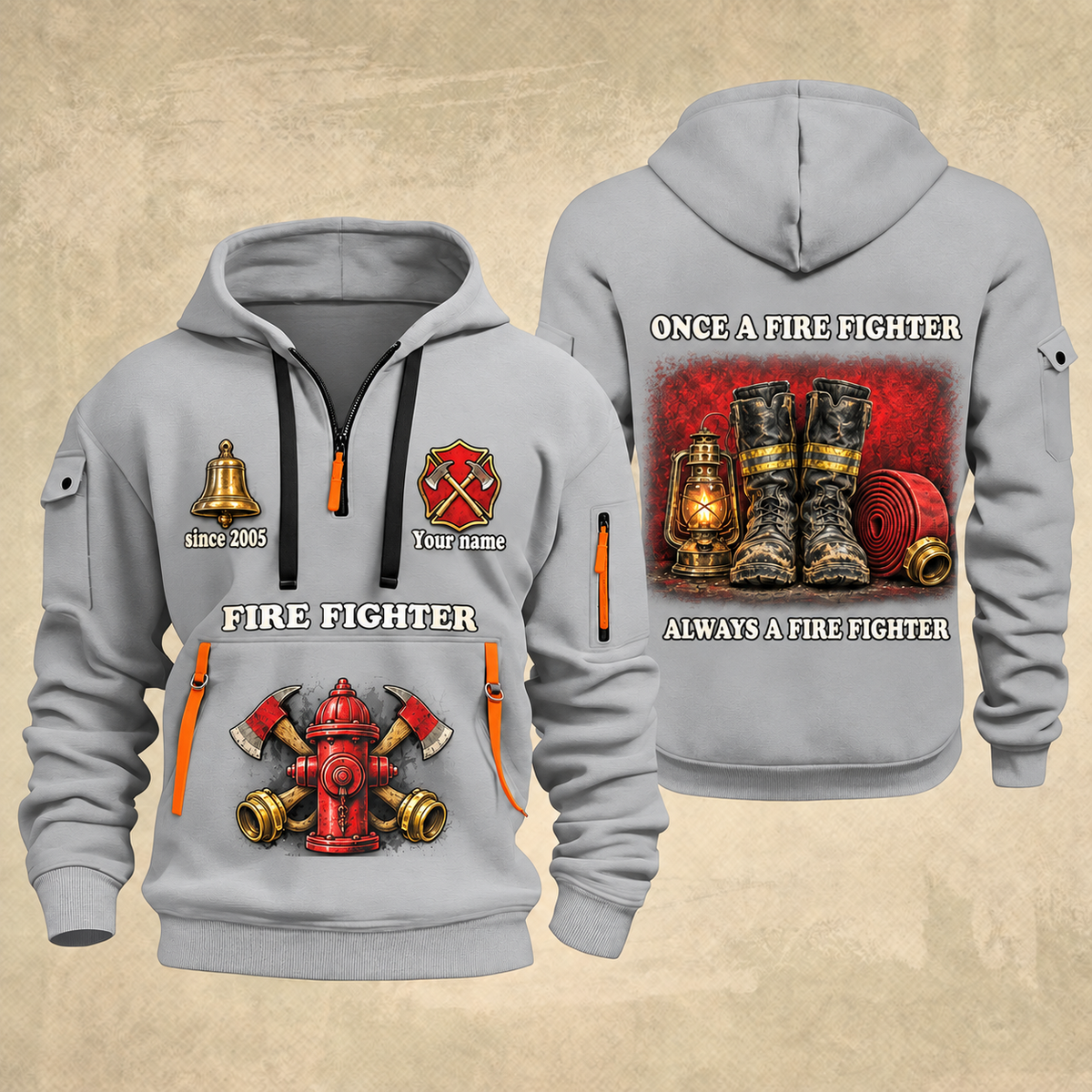 Fire Fighter Lifelong Fire Service Bell and Lantern quarter-zip hoodie in Light Grey, front and back, Your name and since 2005 artwork