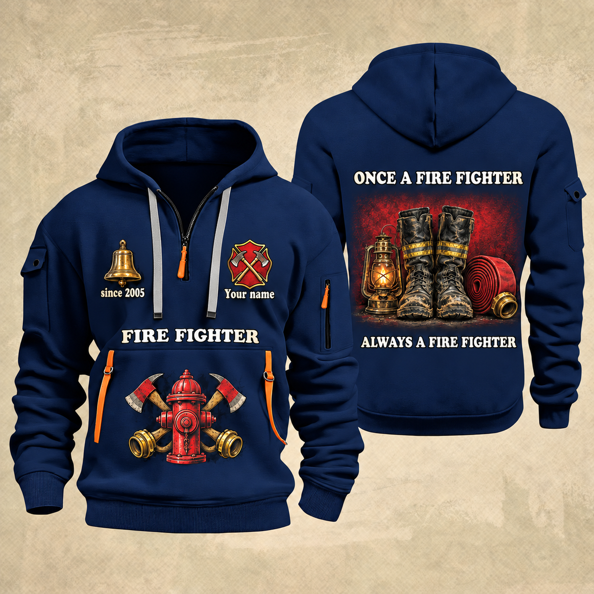 Fire Fighter Lifelong Fire Service Bell and Lantern quarter-zip hoodie in Navy, front and back, Your name and since 2005 artwork