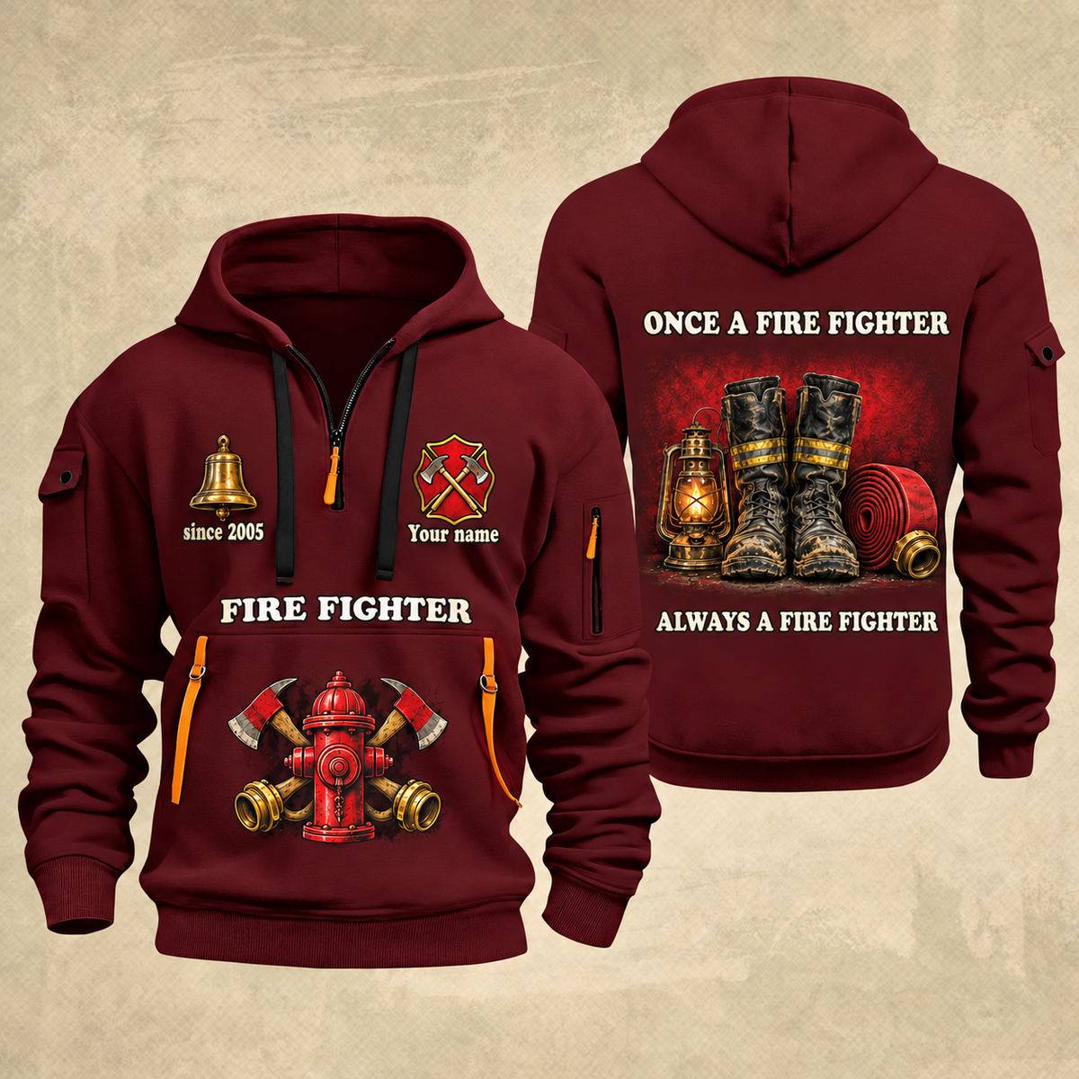 Fire Fighter Lifelong Fire Service Bell and Lantern quarter-zip hoodie in Wine Red, front and back, Your name and since 2005 artwork