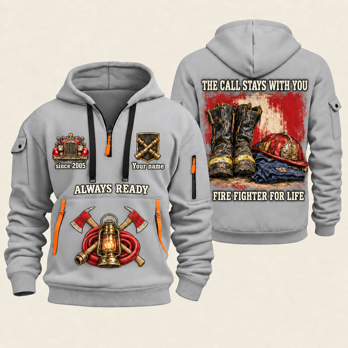 Fire Fighter Always Ready Fire Fighter for Life quarter-zip hoodie in Light Grey, front and back, Your name and since 2005 artwork