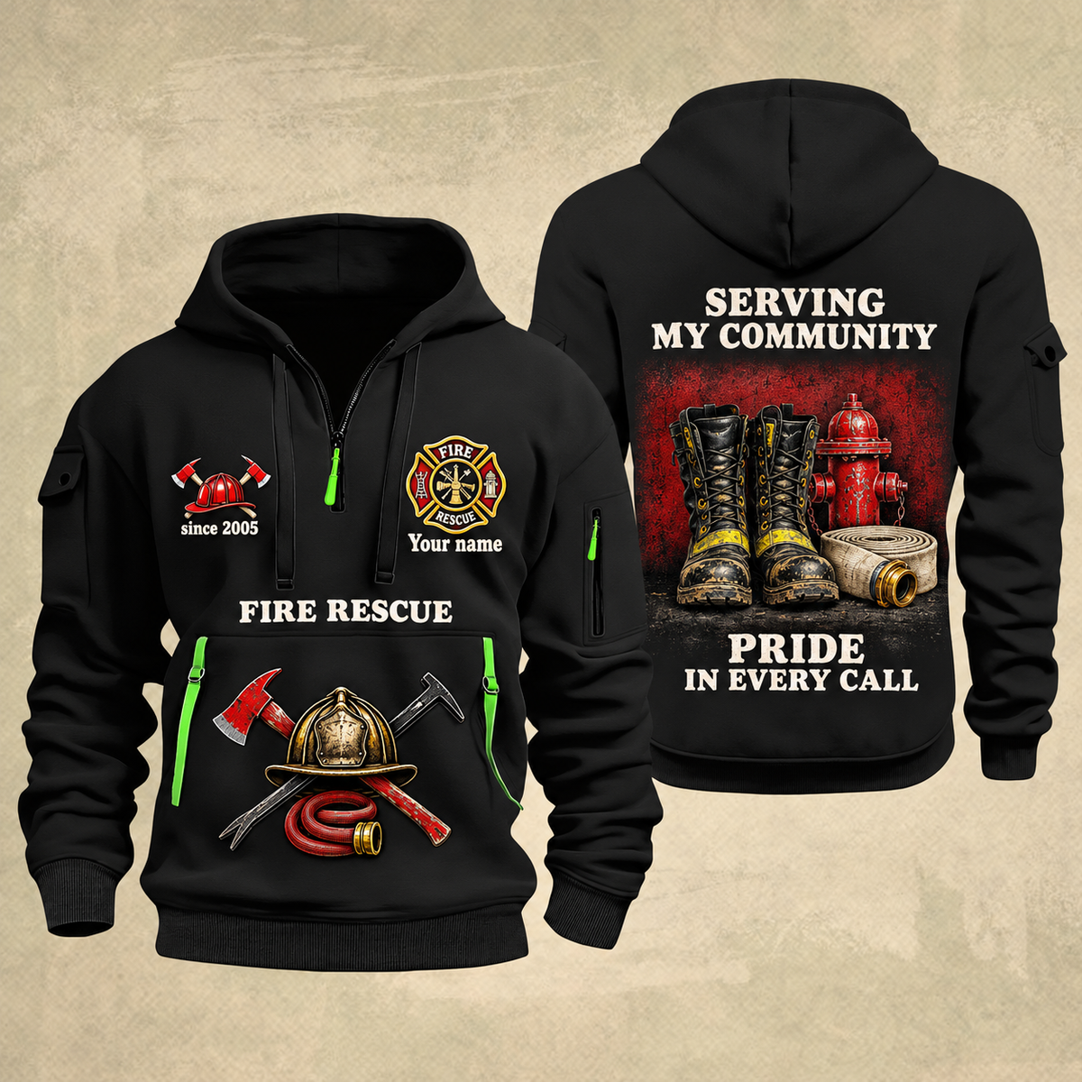 Fire Fighter Serving My Community Fire Rescue quarter-zip hoodie in Black, front and back, Your name and since 2005 artwork