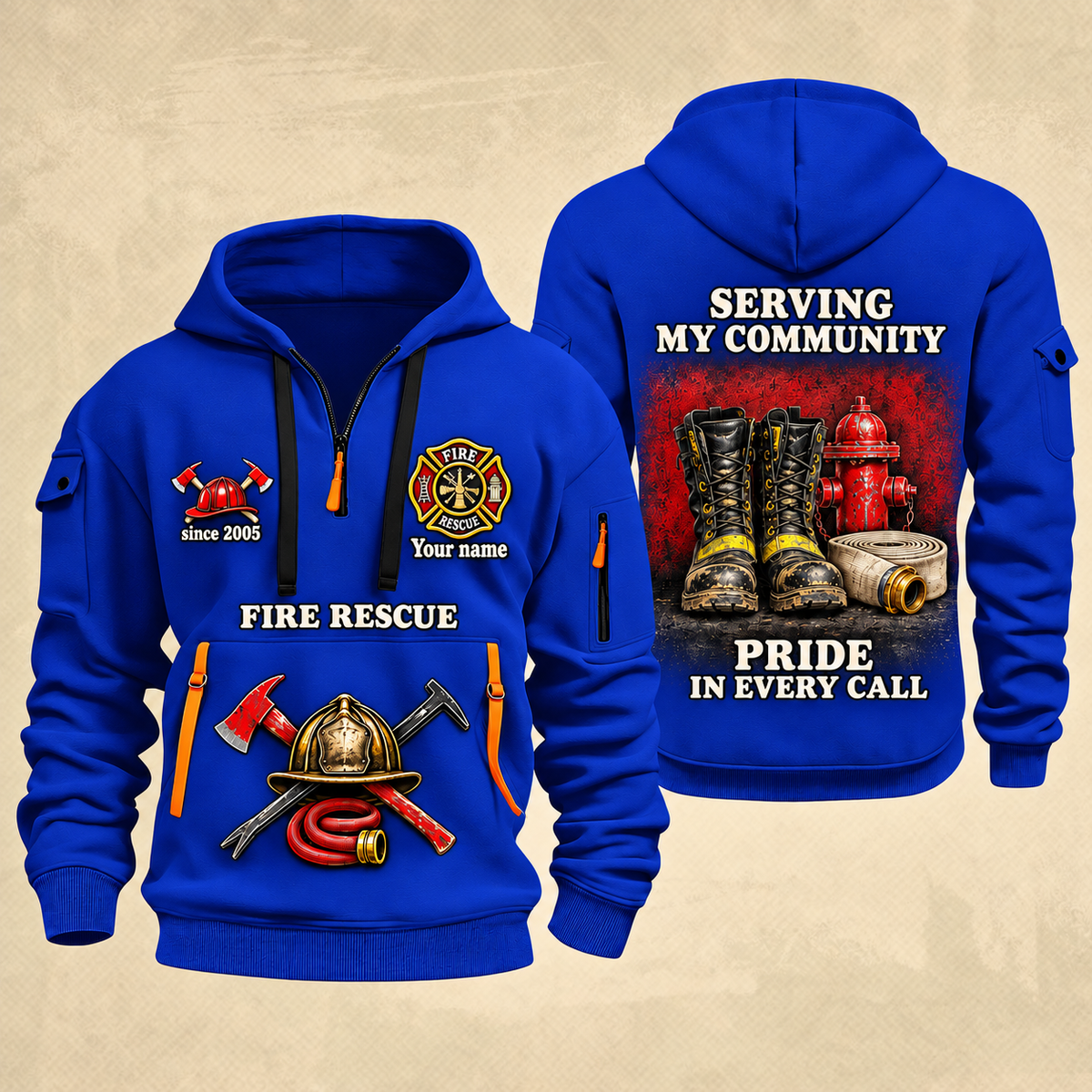 Fire Fighter Serving My Community Fire Rescue quarter-zip hoodie in Blue, front and back, Your name and since 2005 artwork