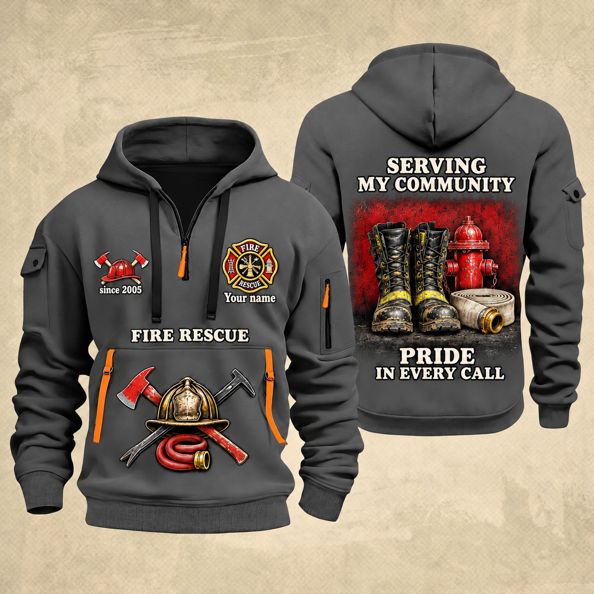 Fire Fighter Serving My Community Fire Rescue quarter-zip hoodie in Gray, front and back, Your name and since 2005 artwork