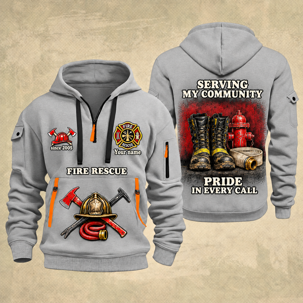 Fire Fighter Serving My Community Fire Rescue quarter-zip hoodie in Light Grey, front and back, Your name and since 2005 artwork