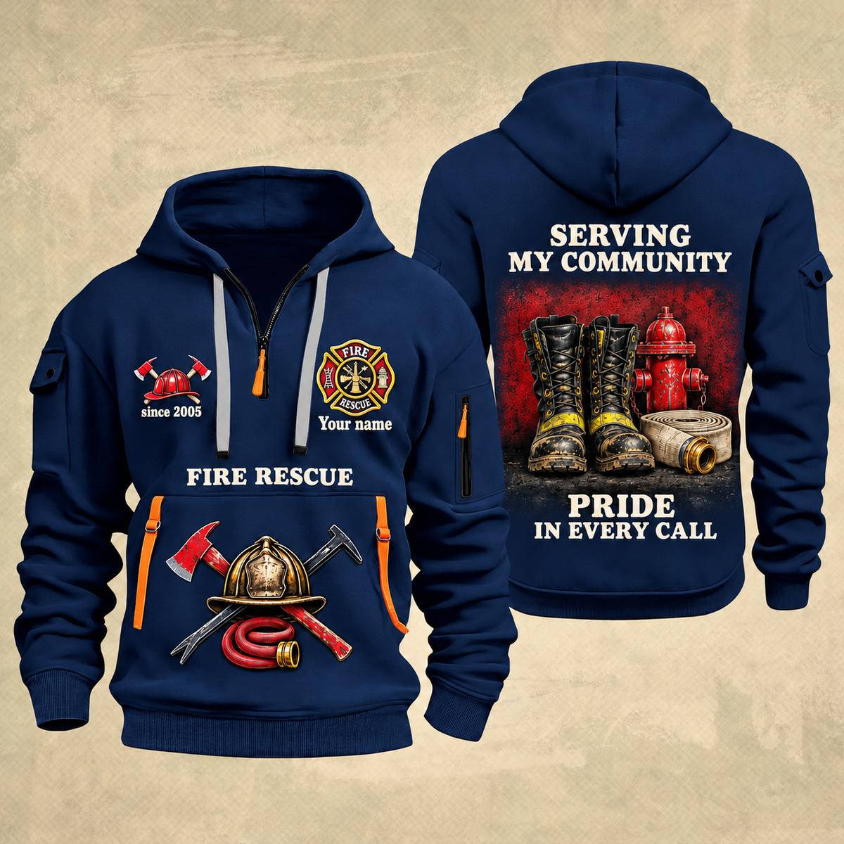 Fire Fighter Serving My Community Fire Rescue quarter-zip hoodie in Navy, front and back, Your name and since 2005 artwork