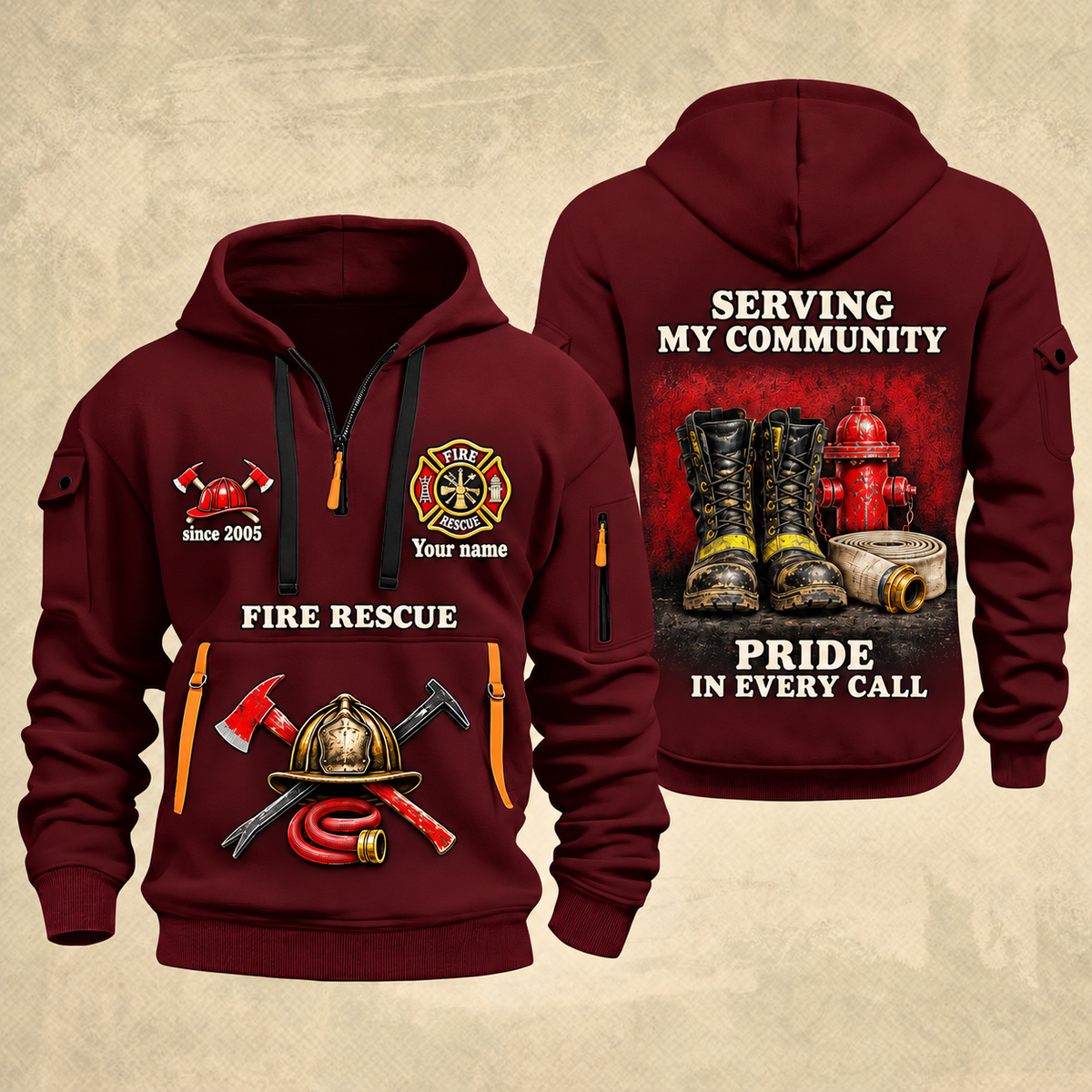 Fire Fighter Serving My Community Fire Rescue quarter-zip hoodie in Wine Red, front and back, Your name and since 2005 artwork