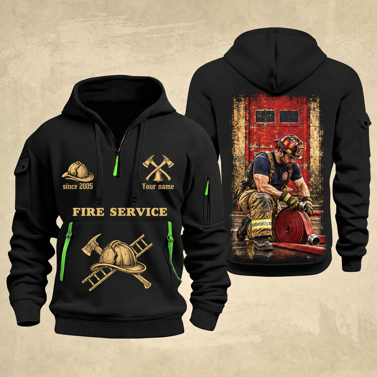 Fire Fighter Gold Service Hose Check quarter-zip hoodie in Black, front and back, Your name and since 2005 artwork