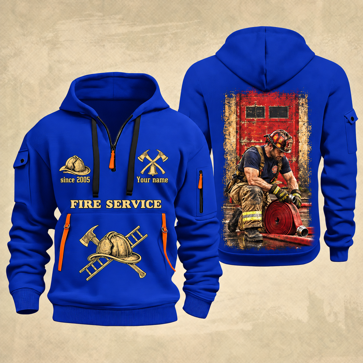 Fire Fighter Gold Service Hose Check quarter-zip hoodie in Blue, front and back, Your name and since 2005 artwork