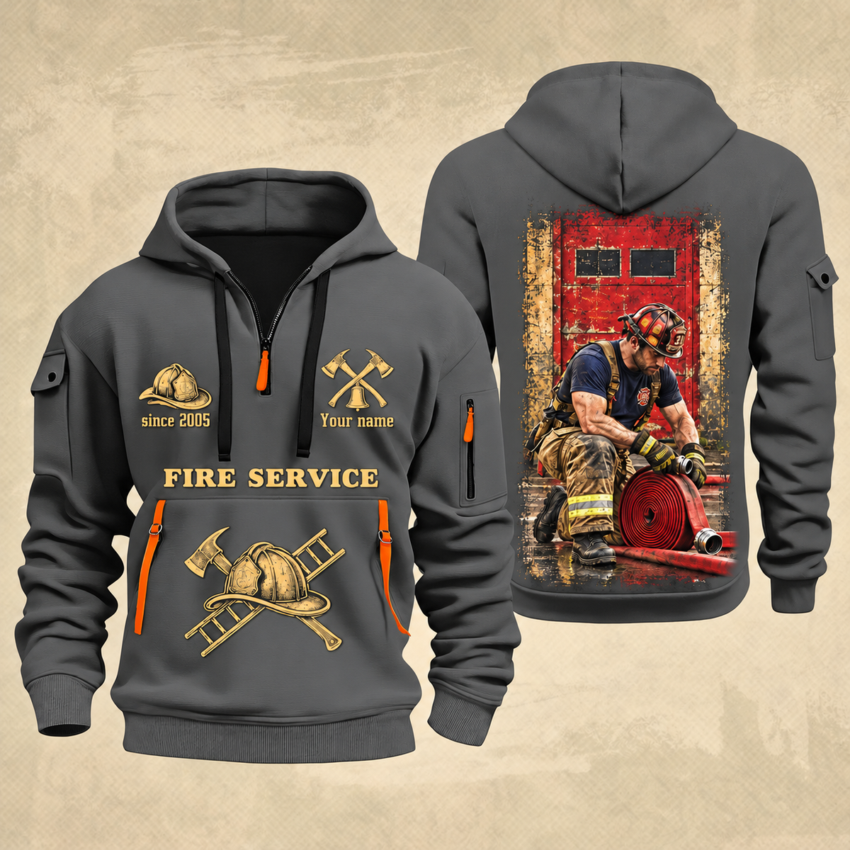 Fire Fighter Gold Service Hose Check quarter-zip hoodie in Gray, front and back, Your name and since 2005 artwork