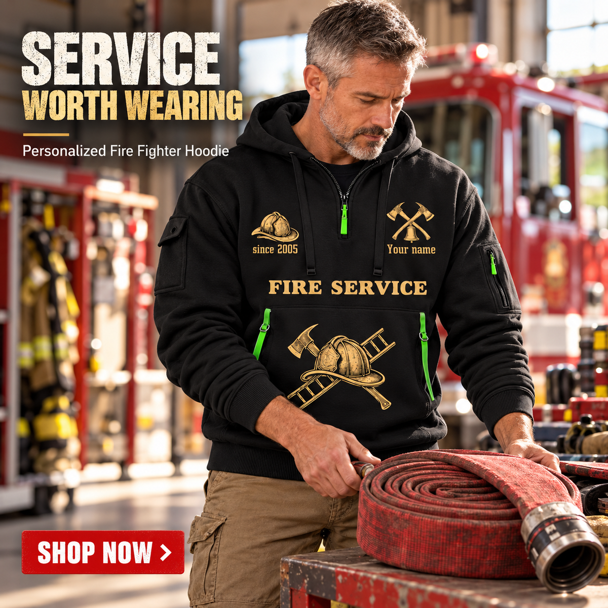 Fire Fighter wearing Gold Service Hose Check quarter-zip hoodie in their workplace; product introduction and shopping call to action