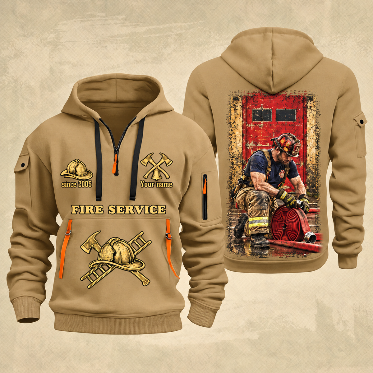 Fire Fighter Gold Service Hose Check quarter-zip hoodie in Khaki, front and back, Your name and since 2005 artwork
