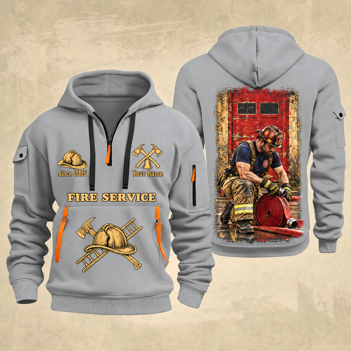 Fire Fighter Gold Service Hose Check quarter-zip hoodie in Light Grey, front and back, Your name and since 2005 artwork