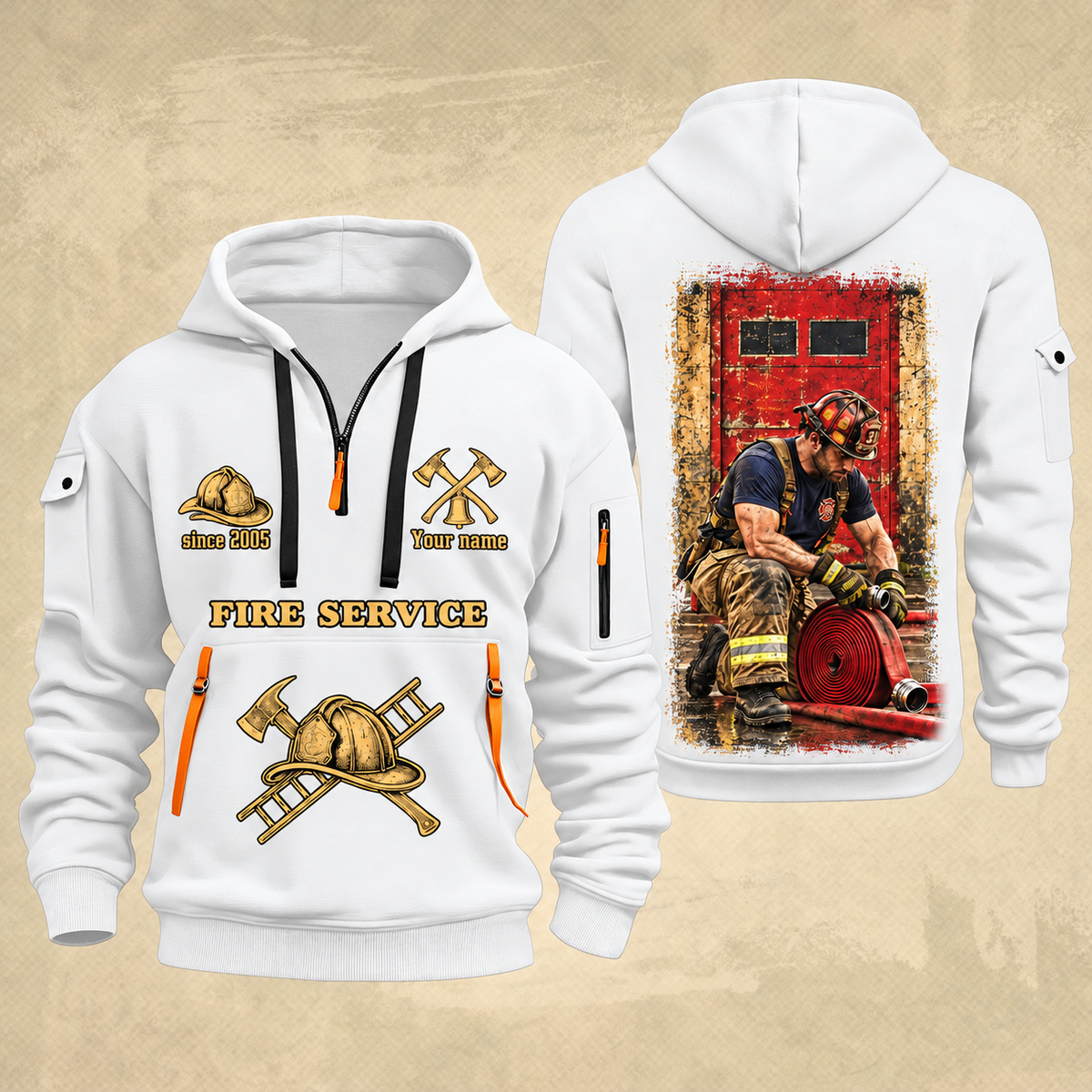 Fire Fighter Gold Service Hose Check quarter-zip hoodie in White, front and back, Your name and since 2005 artwork