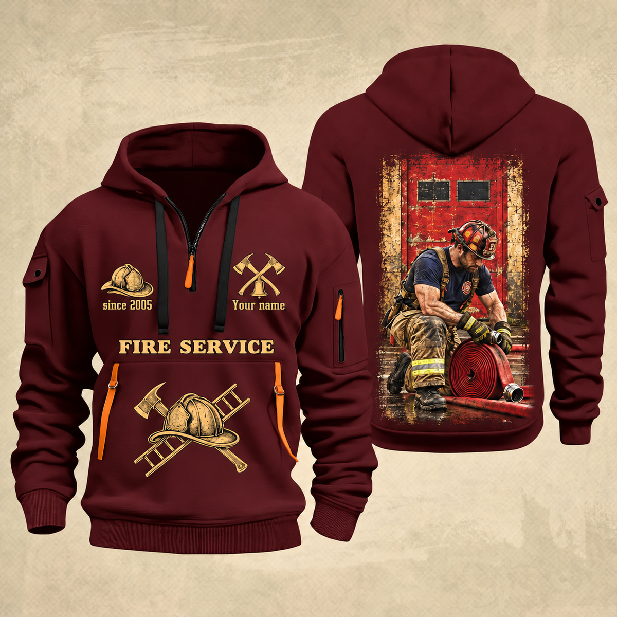 Fire Fighter Gold Service Hose Check quarter-zip hoodie in Wine Red, front and back, Your name and since 2005 artwork