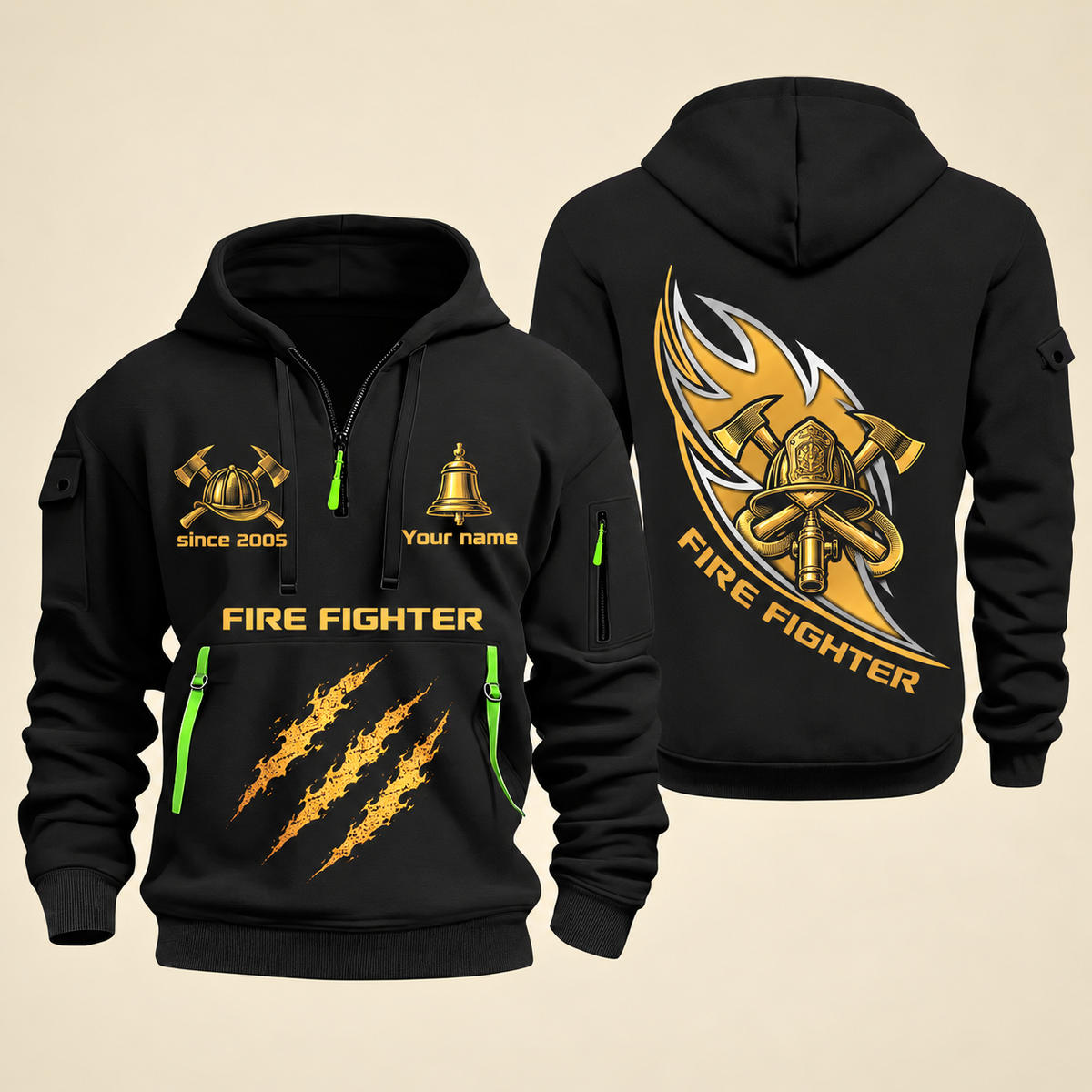 Fire Fighter Golden Flame Fire Fighter quarter-zip hoodie in Black, front and back, Your name and since 2005 artwork