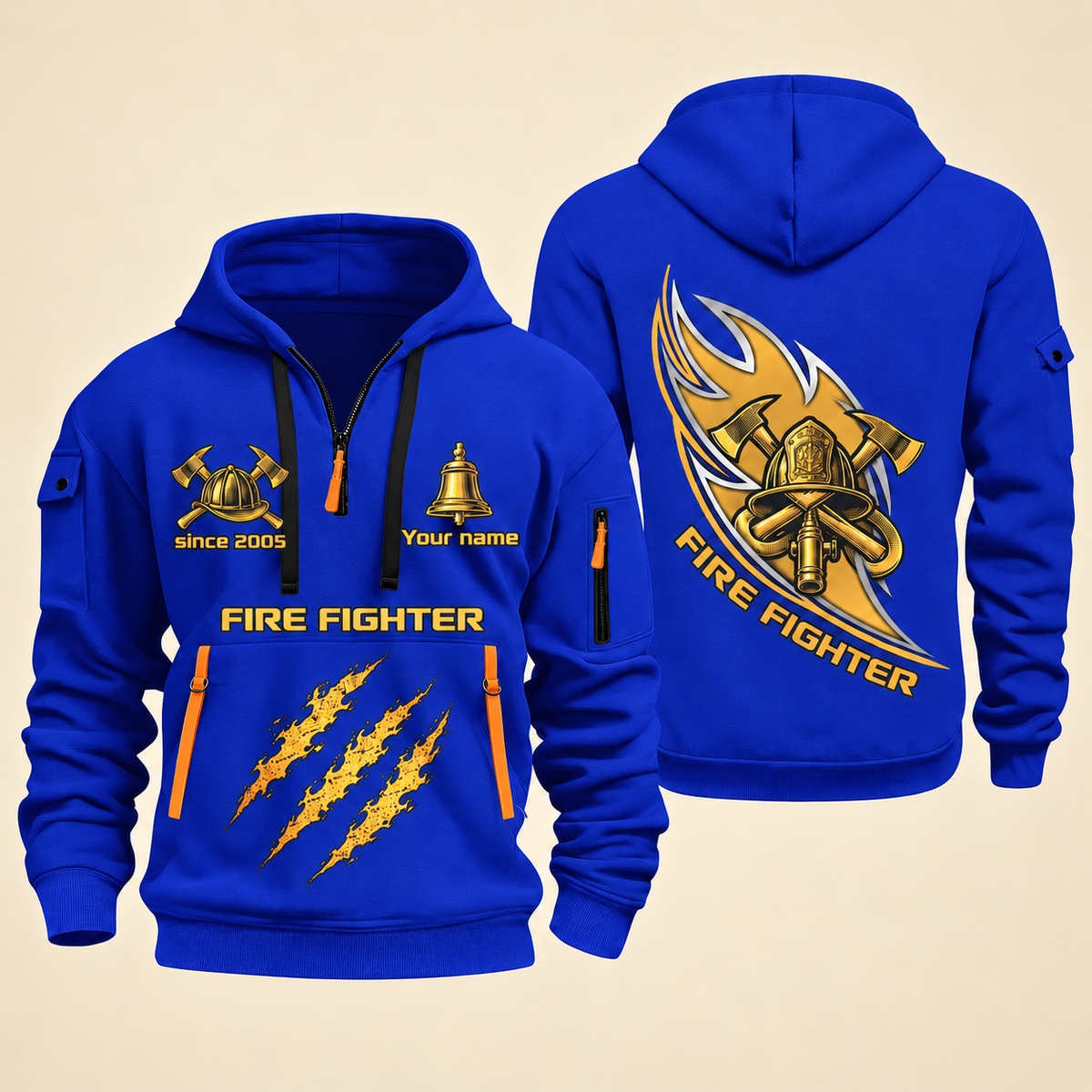 Fire Fighter Golden Flame Fire Fighter quarter-zip hoodie in Blue, front and back, Your name and since 2005 artwork