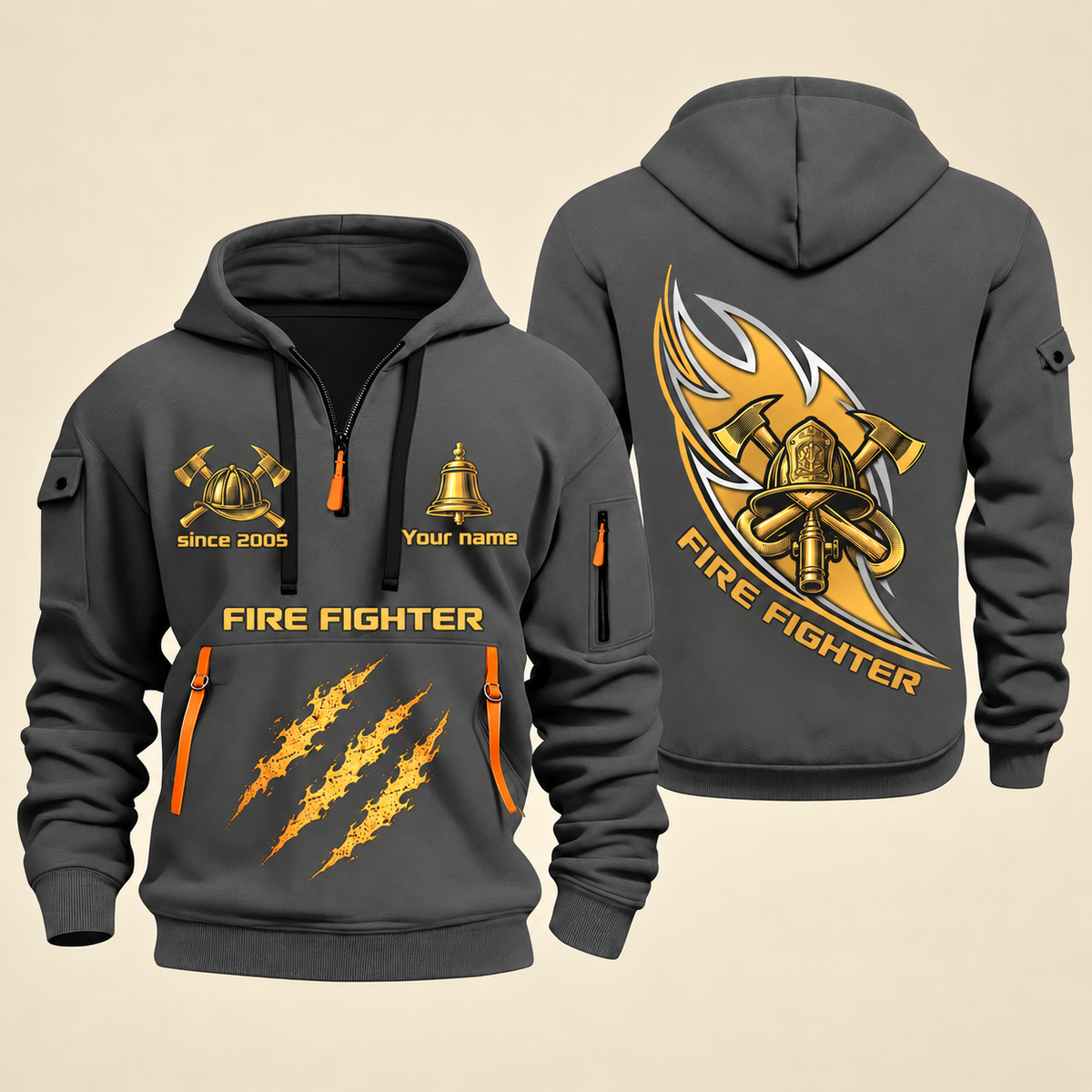 Fire Fighter Golden Flame Fire Fighter quarter-zip hoodie in Gray, front and back, Your name and since 2005 artwork