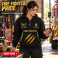 Fire Fighter wearing Golden Flame Fire Fighter quarter-zip hoodie in their workplace; product introduction and shopping call to action