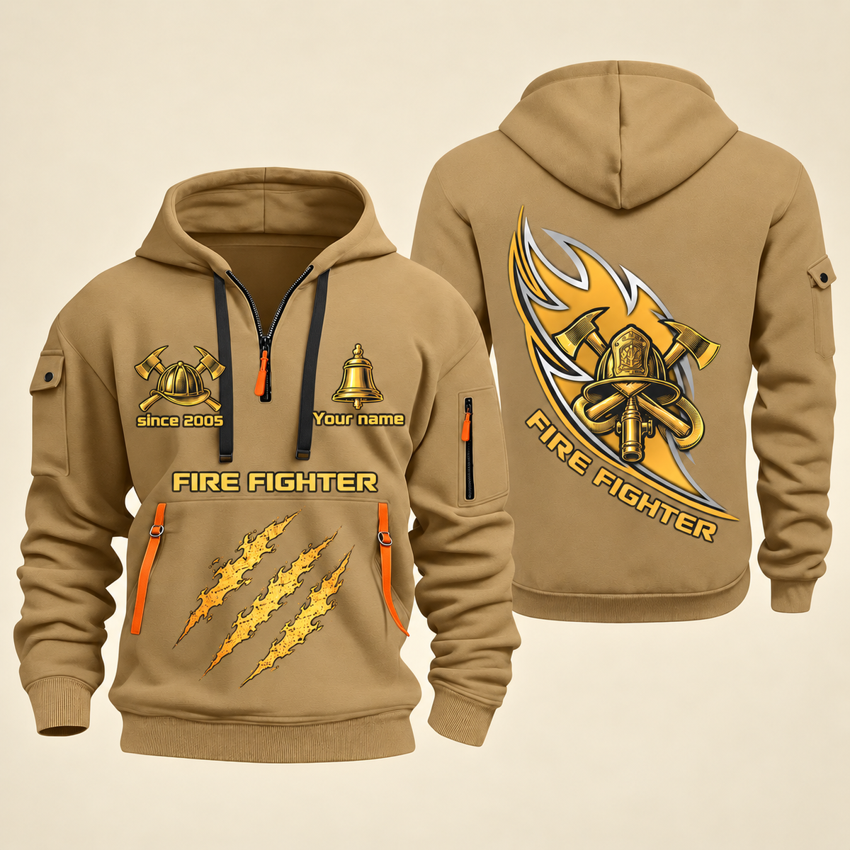 Fire Fighter Golden Flame Fire Fighter quarter-zip hoodie in Khaki, front and back, Your name and since 2005 artwork