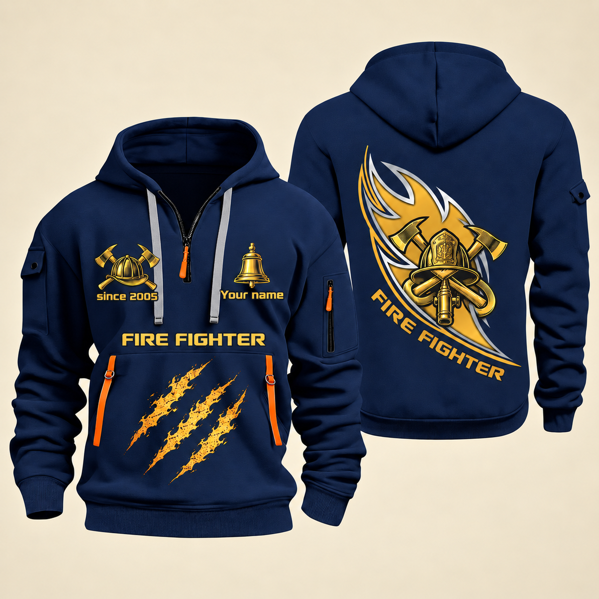 Fire Fighter Golden Flame Fire Fighter quarter-zip hoodie in Navy, front and back, Your name and since 2005 artwork