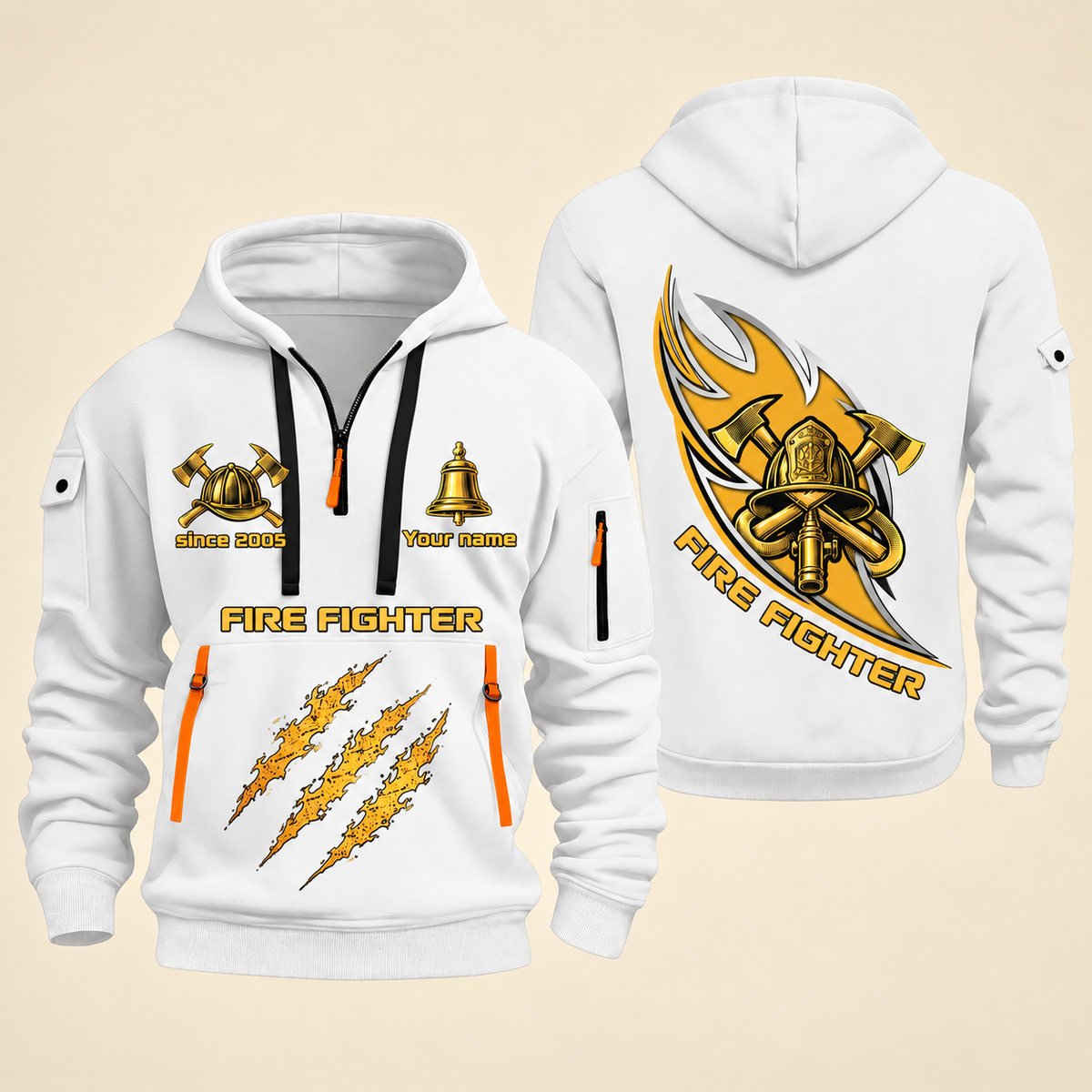 Fire Fighter Golden Flame Fire Fighter quarter-zip hoodie in White, front and back, Your name and since 2005 artwork