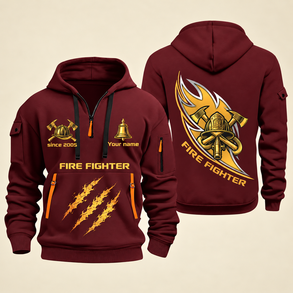 Fire Fighter Golden Flame Fire Fighter quarter-zip hoodie in Wine Red, front and back, Your name and since 2005 artwork