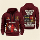 Fire Fighter Off Duty Pride Never Ends quarter-zip hoodie in Wine Red, front and back, Your name and since 2005 artwork