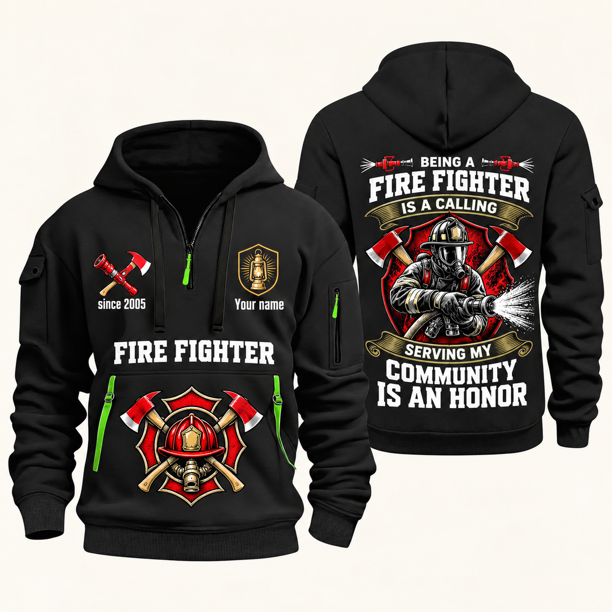 Fire Fighter Calling and Honor Shield quarter-zip hoodie in Black, front and back, Your name and since 2005 artwork