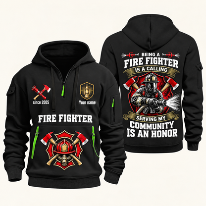 Fire Fighter Calling and Honor Shield quarter-zip hoodie in Black, front and back, Your name and since 2005 artwork