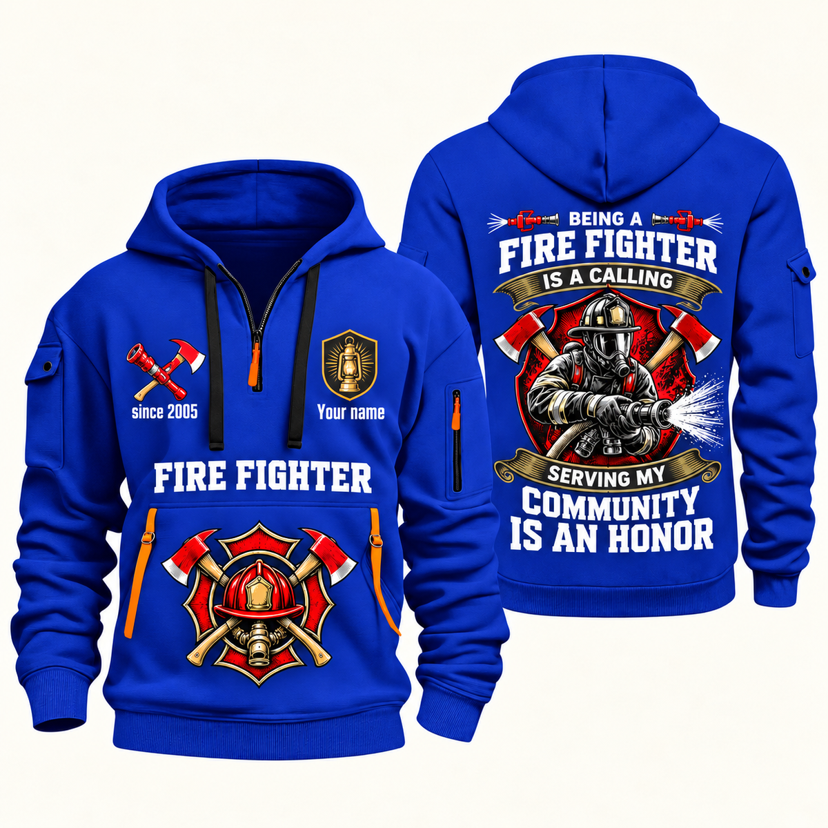 Fire Fighter Calling and Honor Shield quarter-zip hoodie in Blue, front and back, Your name and since 2005 artwork