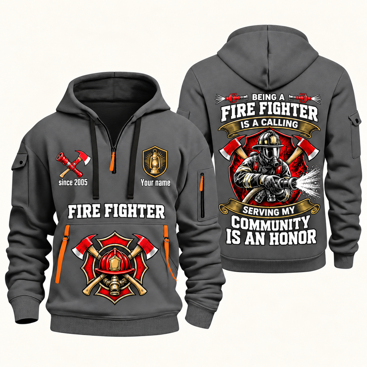 Fire Fighter Calling and Honor Shield quarter-zip hoodie in Gray, front and back, Your name and since 2005 artwork