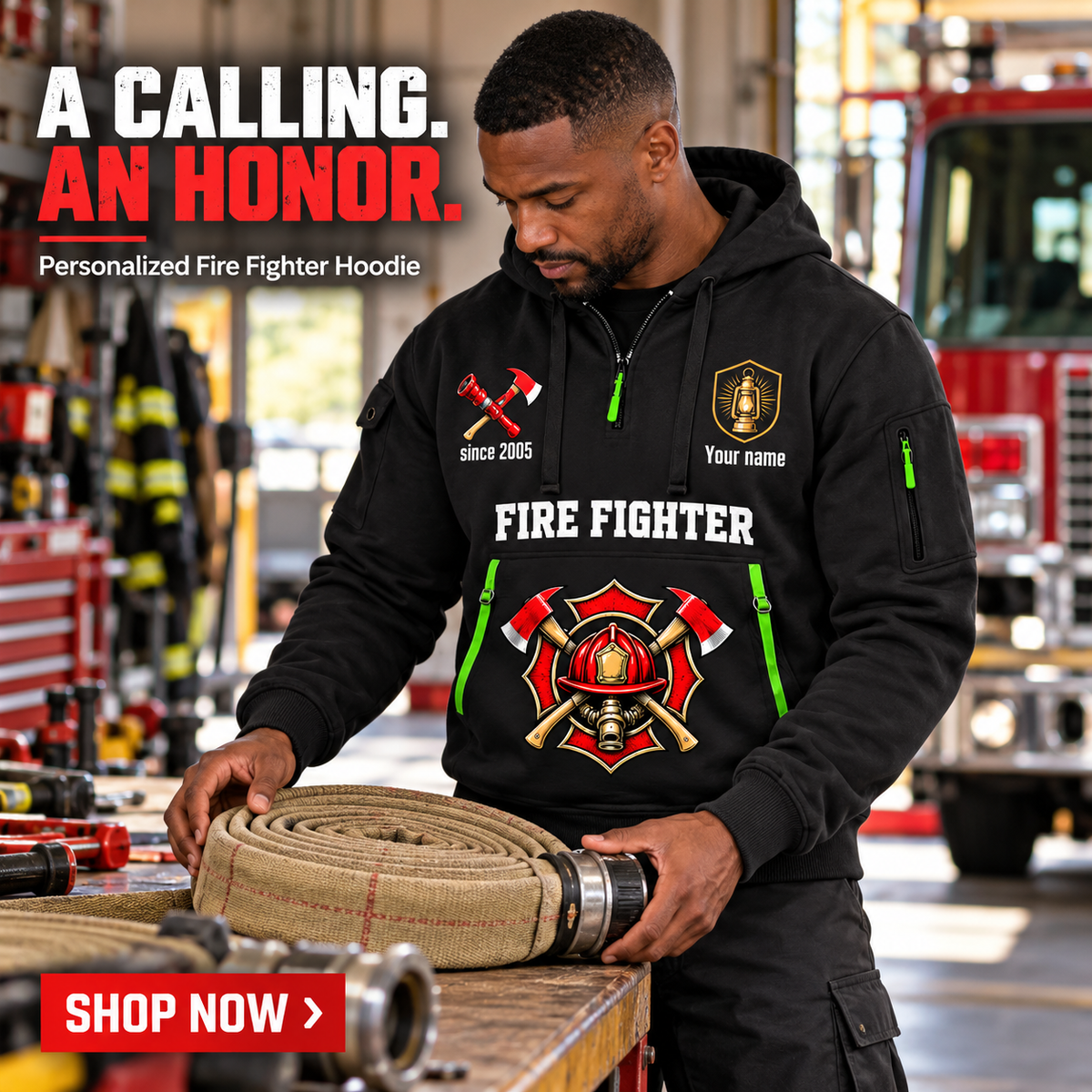 Fire Fighter wearing Calling and Honor Shield quarter-zip hoodie in their workplace; product introduction and shopping call to action