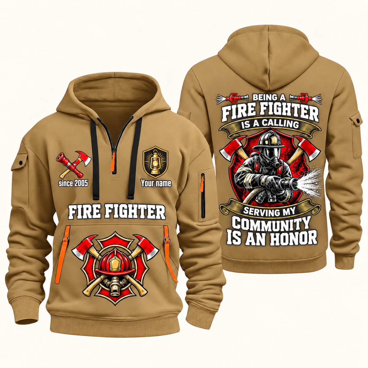 Fire Fighter Calling and Honor Shield quarter-zip hoodie in Khaki, front and back, Your name and since 2005 artwork