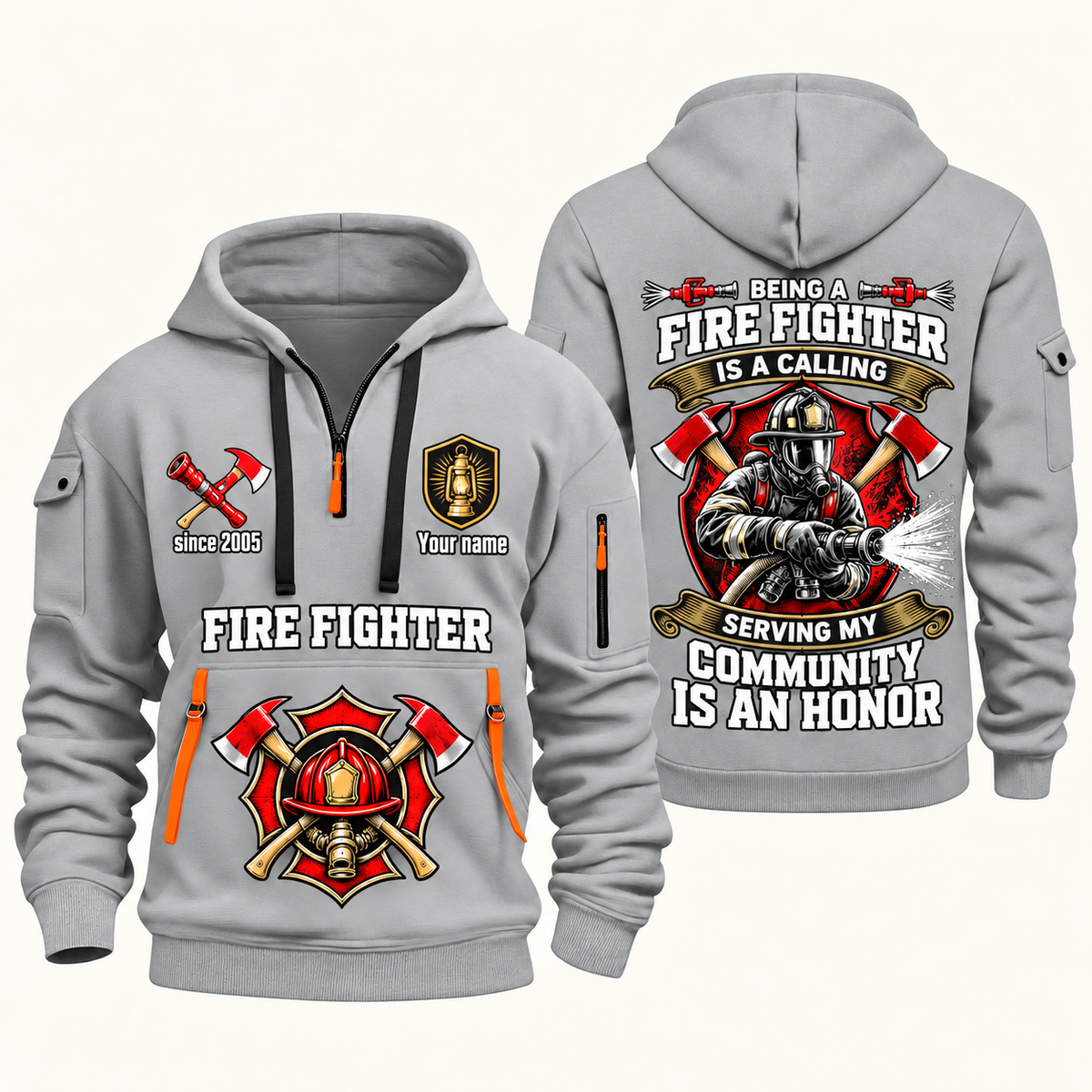 Fire Fighter Calling and Honor Shield quarter-zip hoodie in Light Grey, front and back, Your name and since 2005 artwork