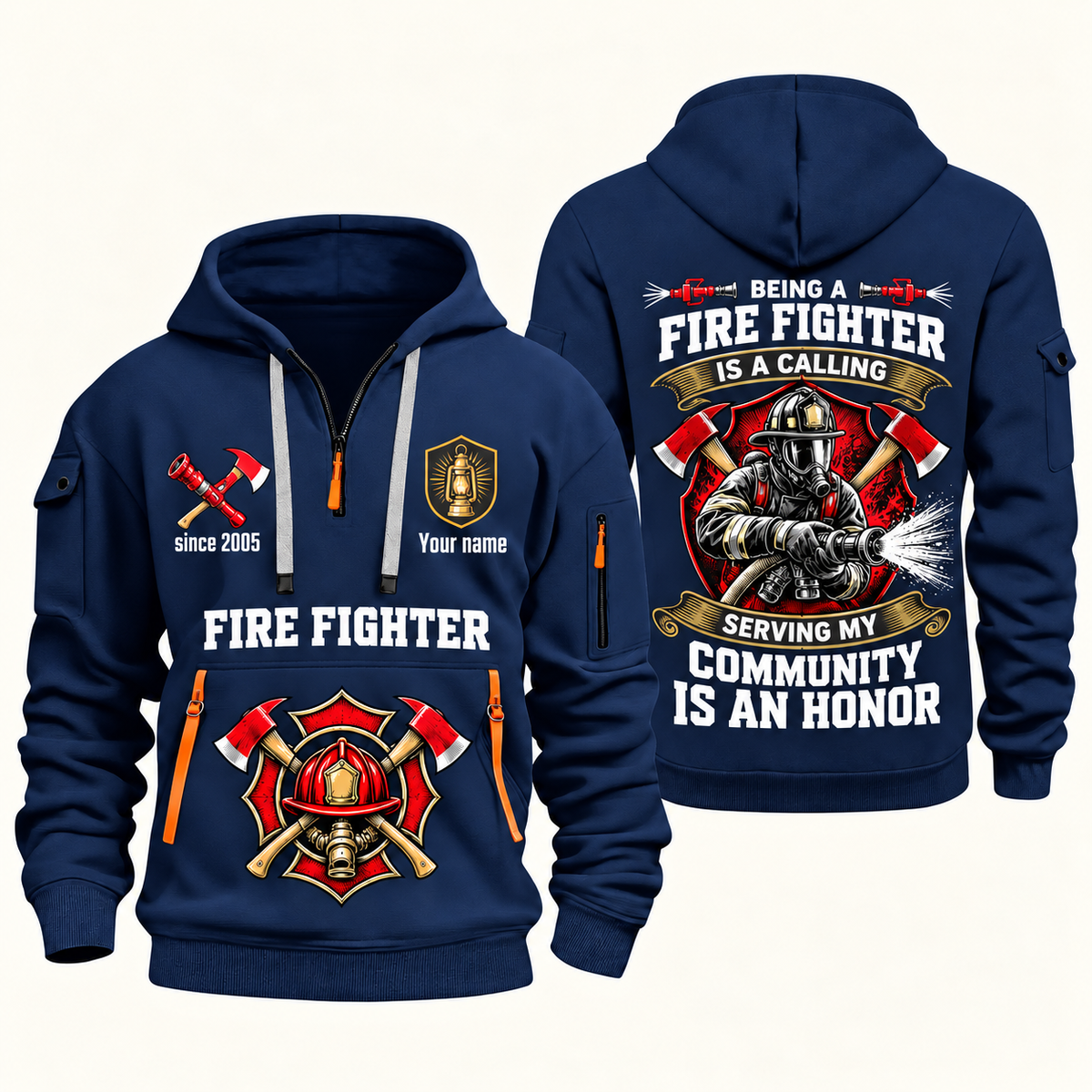 Fire Fighter Calling and Honor Shield quarter-zip hoodie in Navy, front and back, Your name and since 2005 artwork