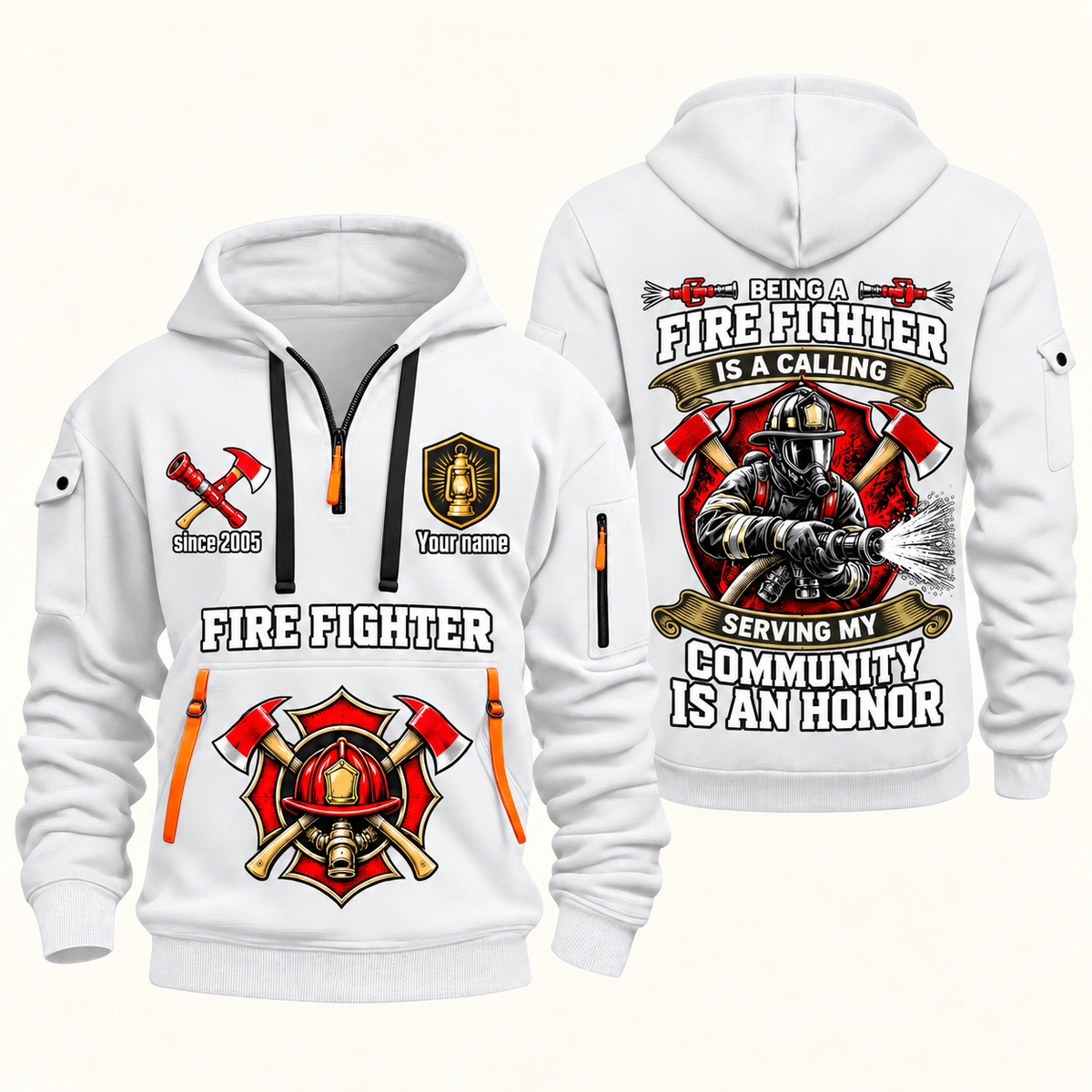 Fire Fighter Calling and Honor Shield quarter-zip hoodie in White, front and back, Your name and since 2005 artwork