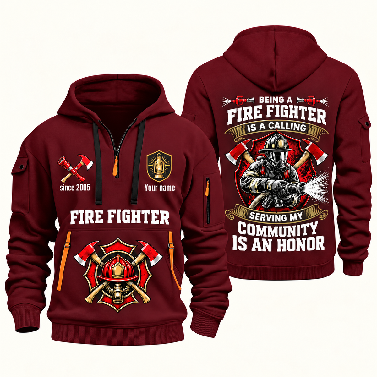 Fire Fighter Calling and Honor Shield quarter-zip hoodie in Wine Red, front and back, Your name and since 2005 artwork