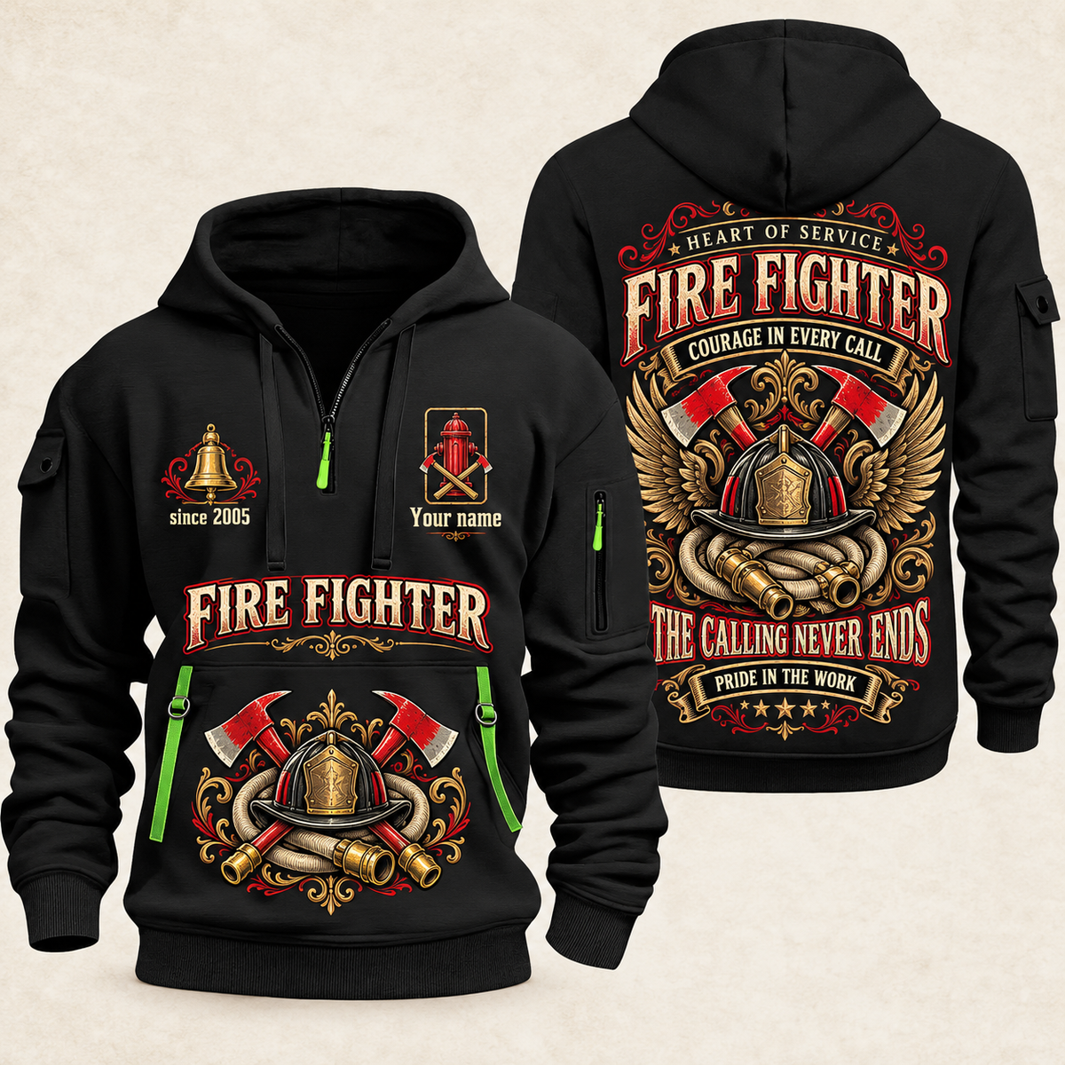 Fire Fighter Heart of Service quarter-zip hoodie in Black, front and back, Your name and since 2005 artwork