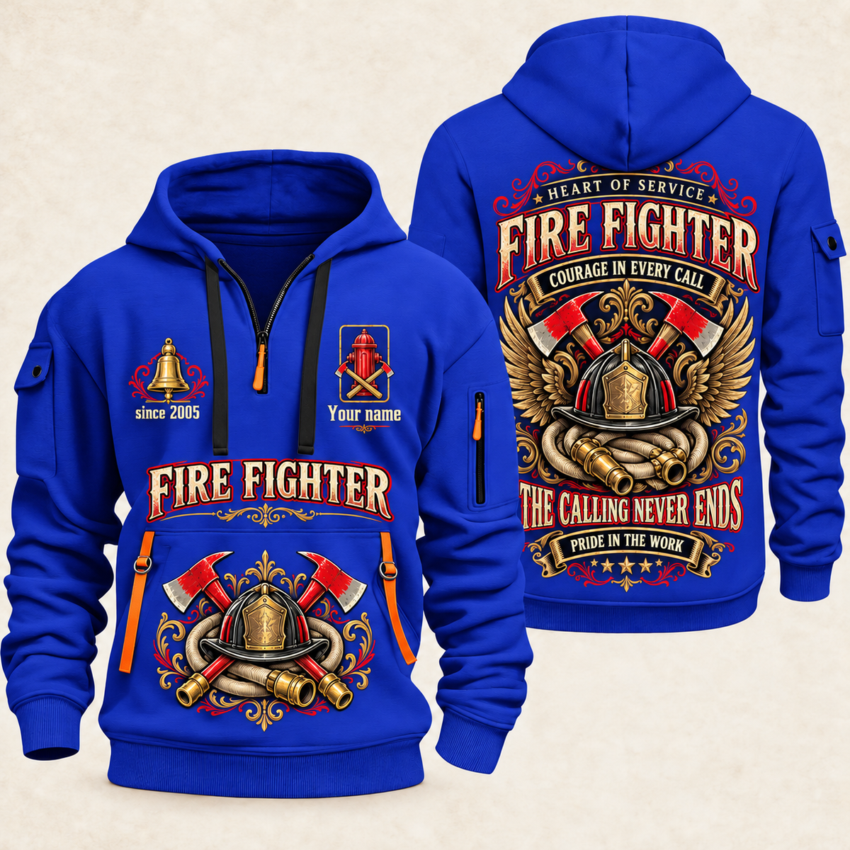 Fire Fighter Heart of Service quarter-zip hoodie in Blue, front and back, Your name and since 2005 artwork