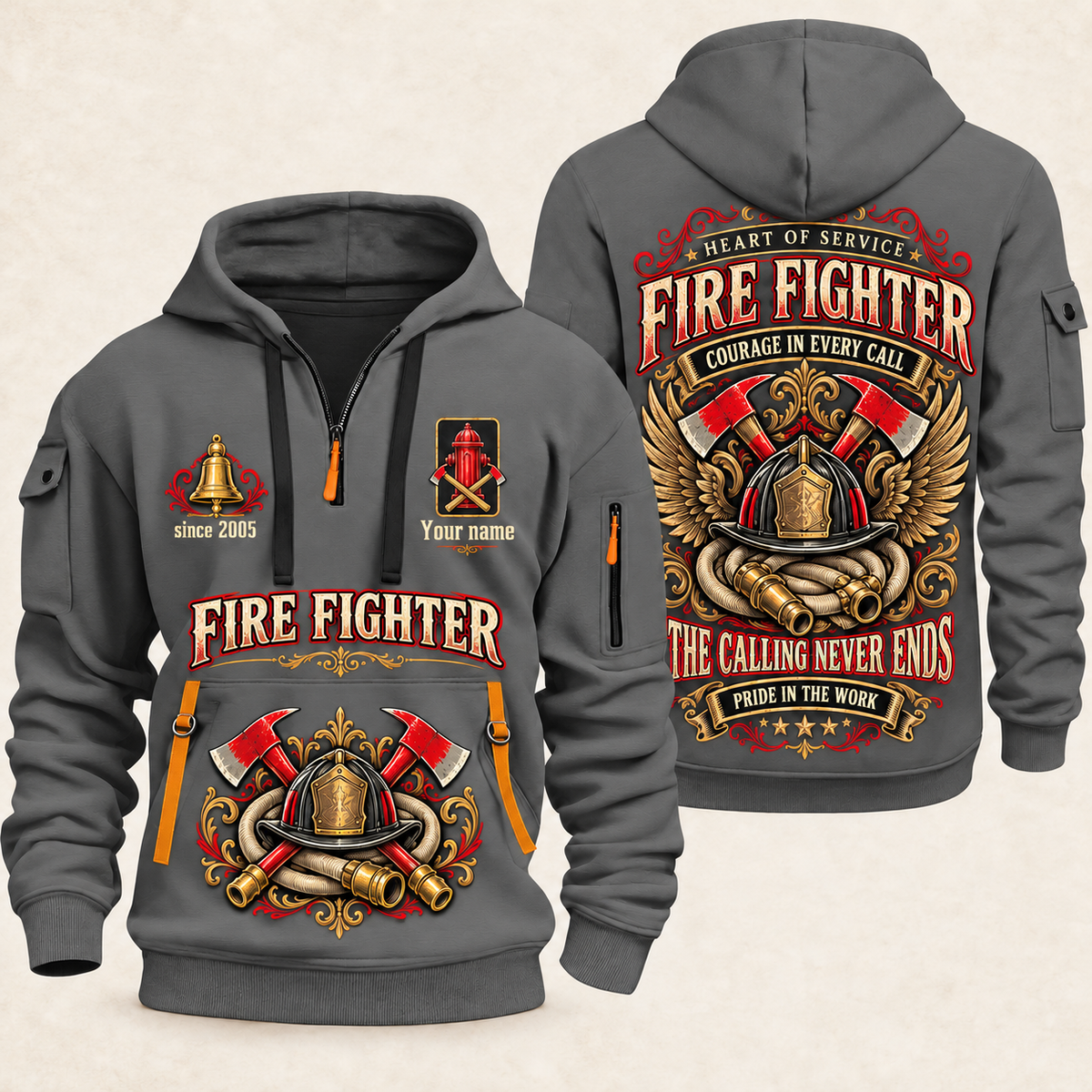 Fire Fighter Heart of Service quarter-zip hoodie in Gray, front and back, Your name and since 2005 artwork