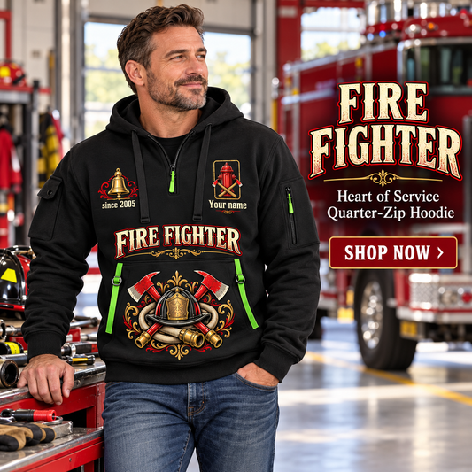 Fire Fighter wearing Heart of Service quarter-zip hoodie in their workplace; product introduction and shopping call to action