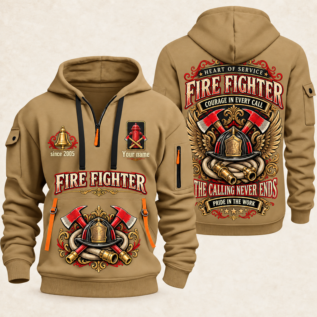 Fire Fighter Heart of Service quarter-zip hoodie in Khaki, front and back, Your name and since 2005 artwork