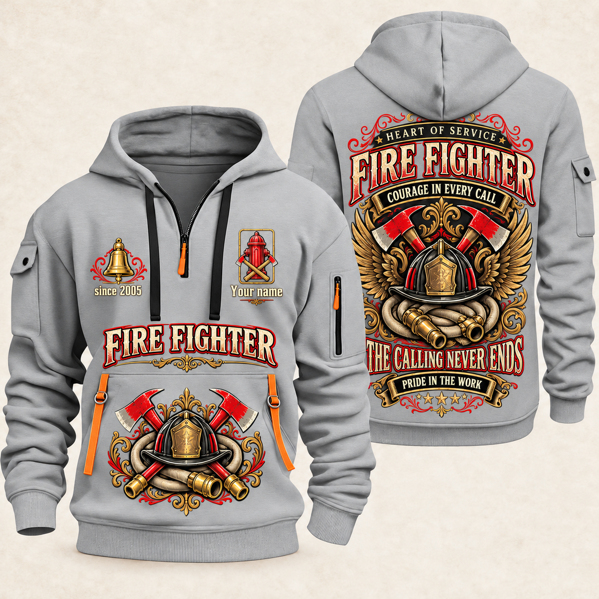 Fire Fighter Heart of Service quarter-zip hoodie in Light Grey, front and back, Your name and since 2005 artwork
