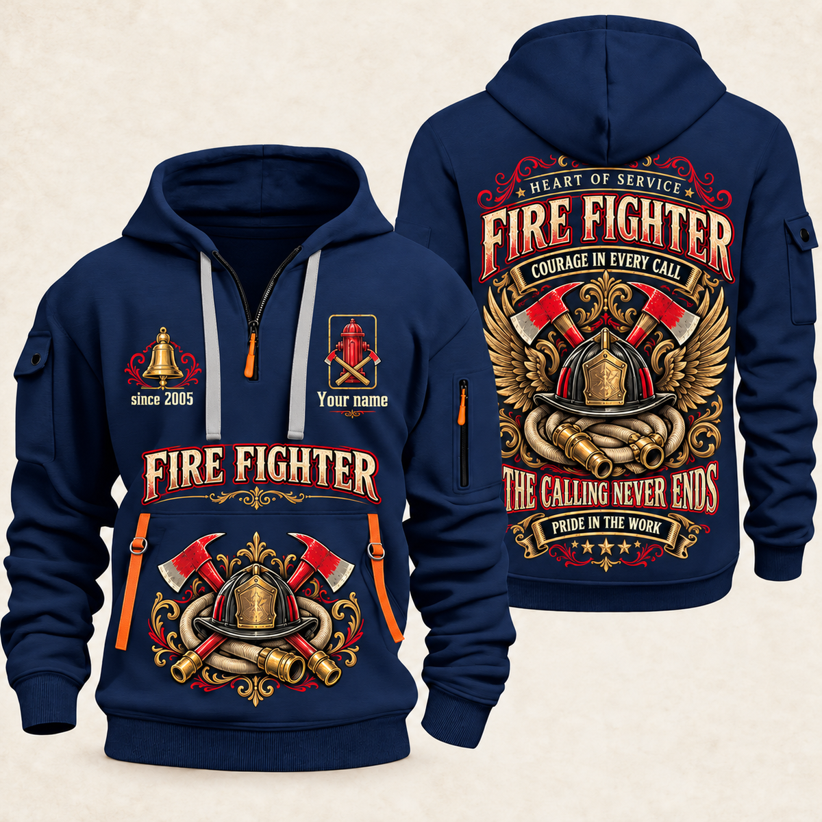 Fire Fighter Heart of Service quarter-zip hoodie in Navy, front and back, Your name and since 2005 artwork