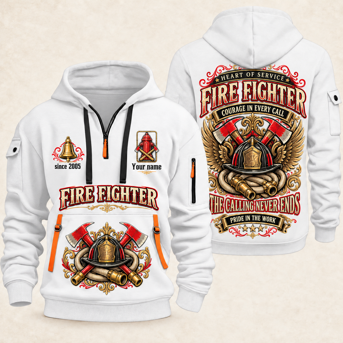 Fire Fighter Heart of Service quarter-zip hoodie in White, front and back, Your name and since 2005 artwork